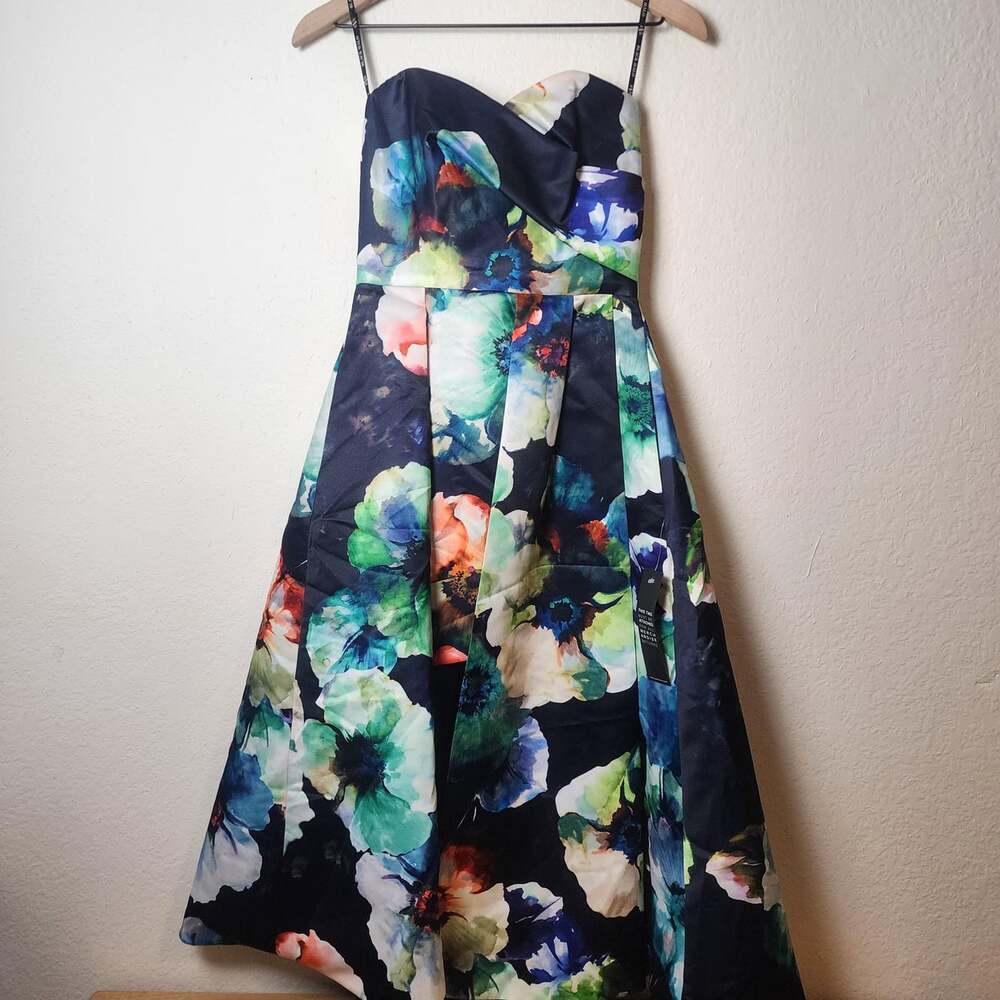 Black Halo Eve Dress Womens 0 Multicolor Floral Strapless Fit Flare Midi Satin
